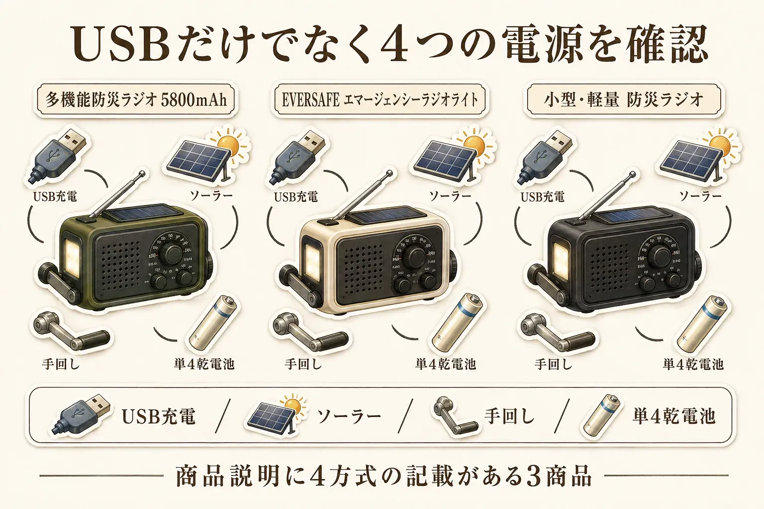 USB・ソーラー・手回し・単4乾電池の4つの電源を確認する図。多機能防災ラジオ5800mAh、EVERSAFEエマージェンシーラジオライト、小型・軽量防災ラジオの3商品について、商品説明に4方式の記載があることを、各ラジオと電源のイラストで示している。