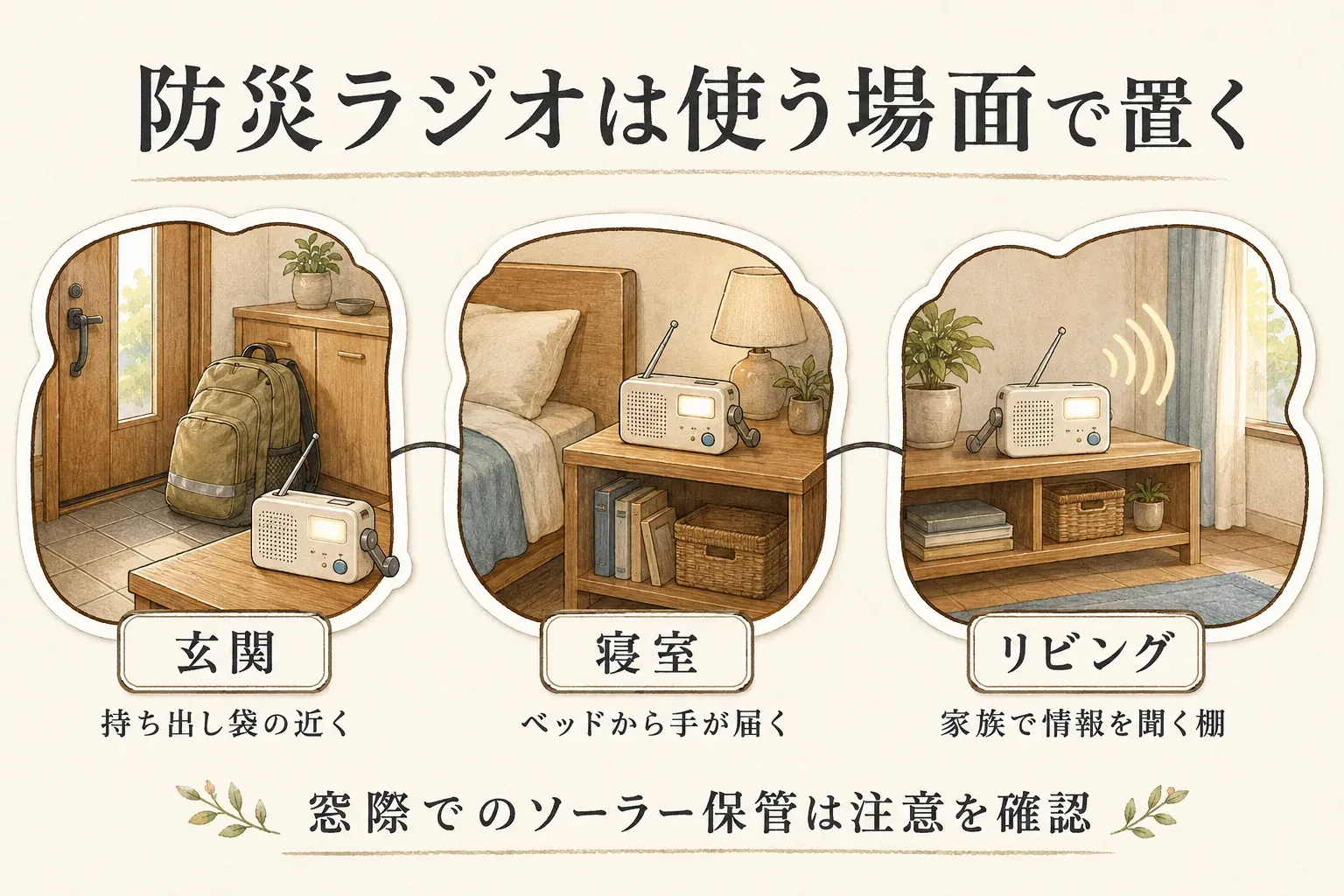防災ラジオを使う場面別に置く場所を示す図。玄関は持ち出し袋の近く、寝室はベッドから手が届く場所、リビングは家族で情報を聞く棚に置く例を示し、窓際で保管する場合は注意事項を確認するよう案内している。