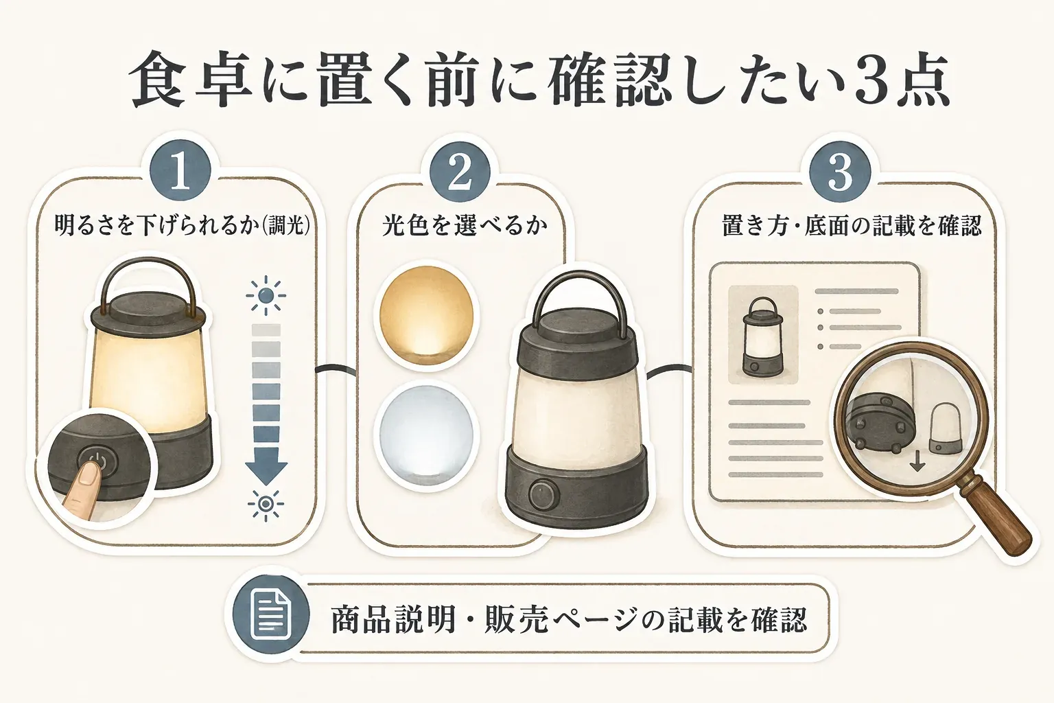 食卓にLEDランタンを置く前に確認する3点を示す図。明るさを下げられる調光機能、光色を選べるか、置き方・底面の記載を商品説明・販売ページで確認するよう案内している。