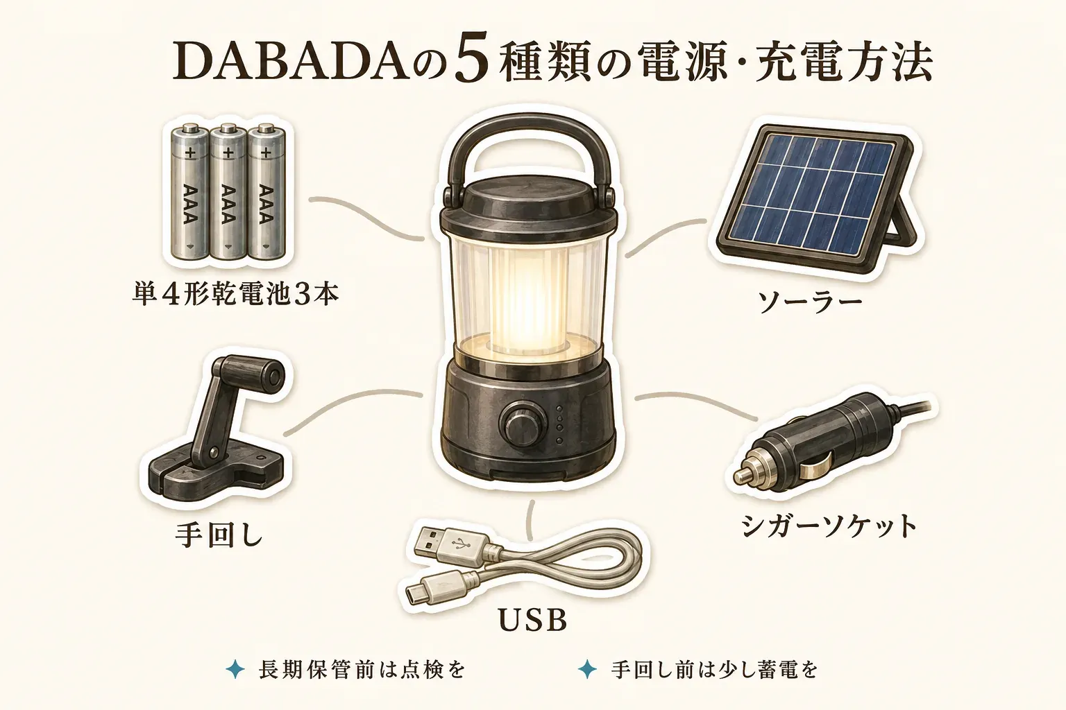 DABADA LEDランタンの5種類の電源・充電方法を示す図。単4形乾電池3本、ソーラー、手回し、シガーソケット、USBをランタンの周囲に配置し、長期保管前の点検と手回し前の少しの蓄電を案内している。商品説明の記載を整理したもの。