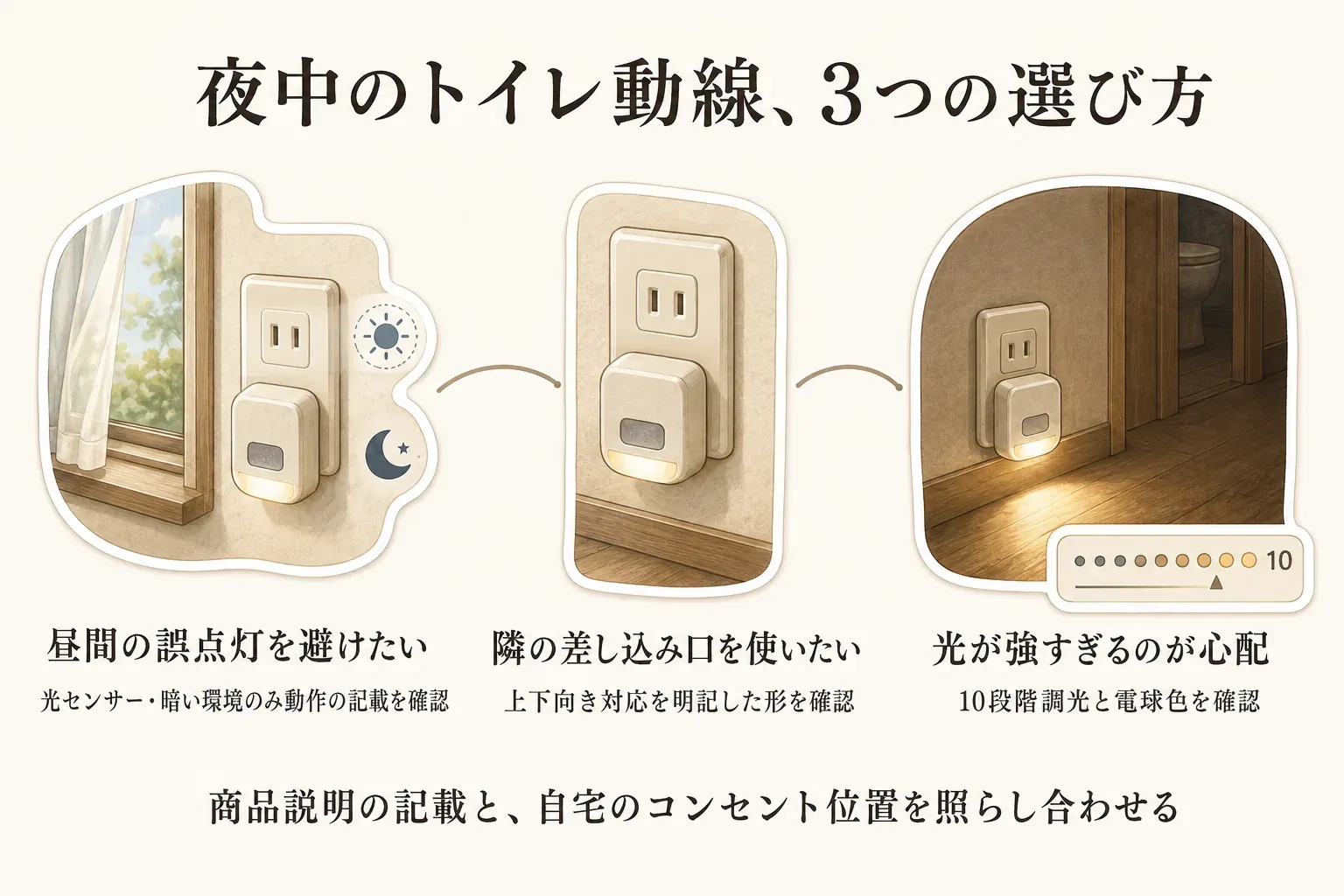 夜中のトイレ動線に合うコンセント式フットライトの3つの選び方を示す図。昼間の誤点灯を避けたい場合は光センサーや暗い環境のみ動作する記載、隣の差し込み口を使いたい場合は上下向き対応、光が強すぎるのが心配な場合は10段階調光と電球色を確認する。商品説明の記載と自宅のコンセント位置を照らし合わせる。
