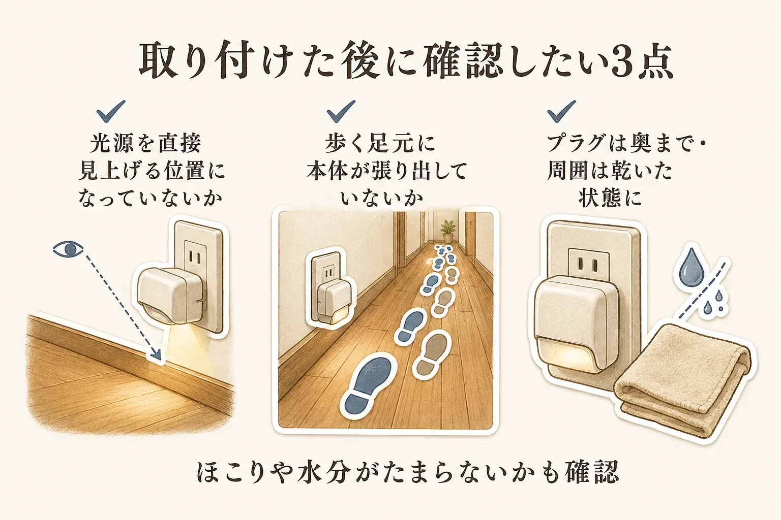 コンセント式フットライトを取り付けた後に確認したい3点の図。光源を直接見上げる位置になっていないか、歩く足元へ本体が張り出していないか、プラグを奥まで差し込み周囲を乾いた状態に保てているかを示す。ほこりや水分がたまらないかも確認する。