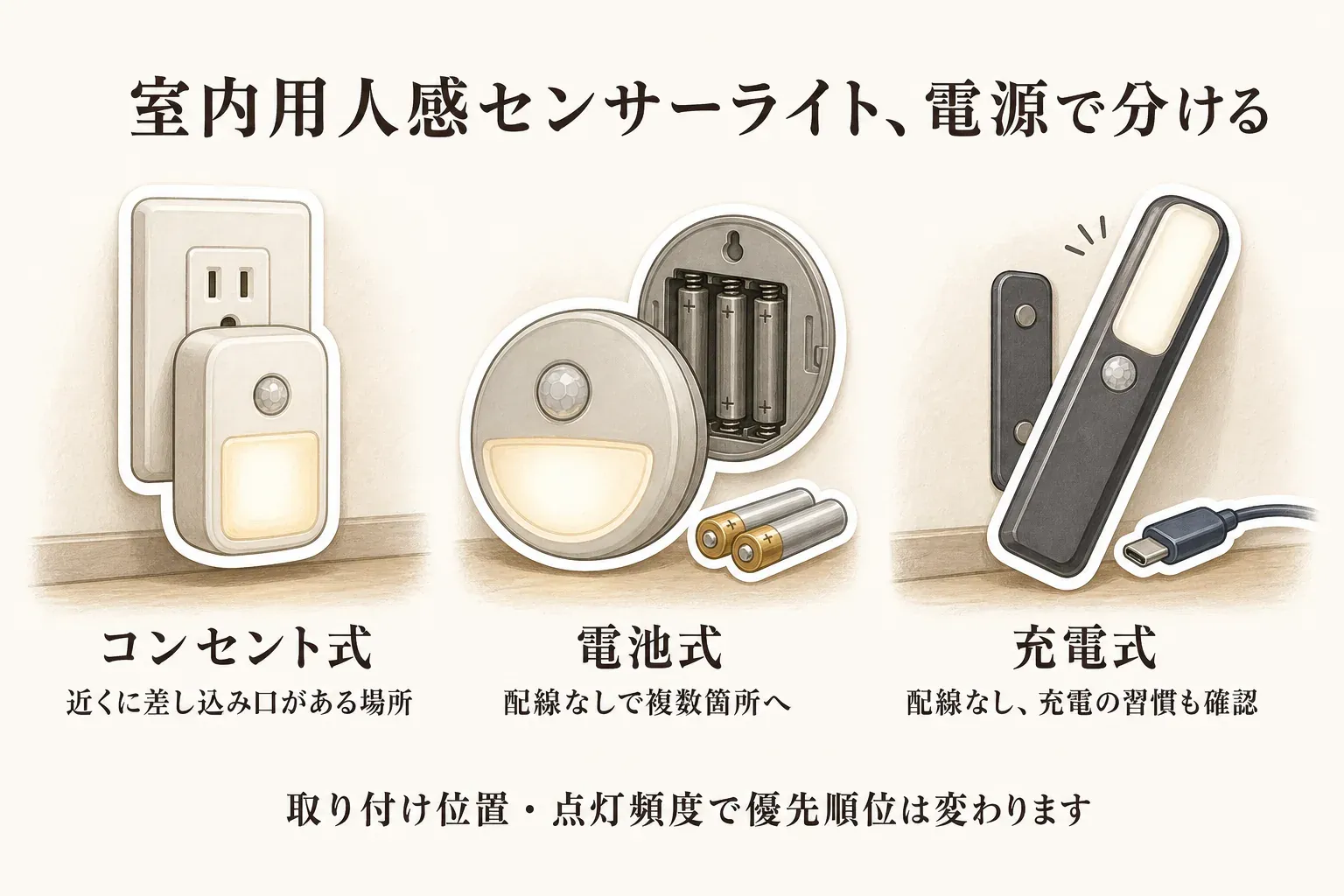 室内用人感センサーライトを電源で選ぶ図。コンセント式は近くに差し込み口がある場所、電池式は配線なしで複数箇所、充電式は配線なしで充電の習慣も確認する選び方を示す。取り付け位置と点灯頻度で優先順位が変わる。