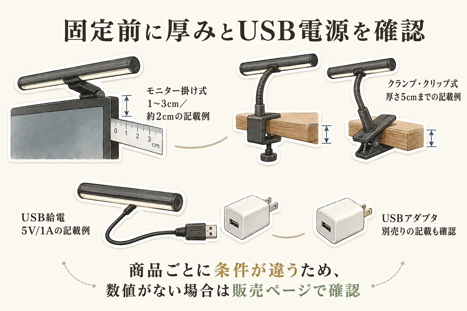 USB給電ライトの固定方法と電源を確認する図。モニター掛け式はモニターの厚み・背面の形・カメラ位置とケーブルの干渉を確認し、クランプ式とクリップ式は机やモニター横の対応厚・固定位置を確認する。USB電源は5V/1Aなどの商品条件、アダプタの付属、ポート位置、ケーブルの取り回しを確認する。