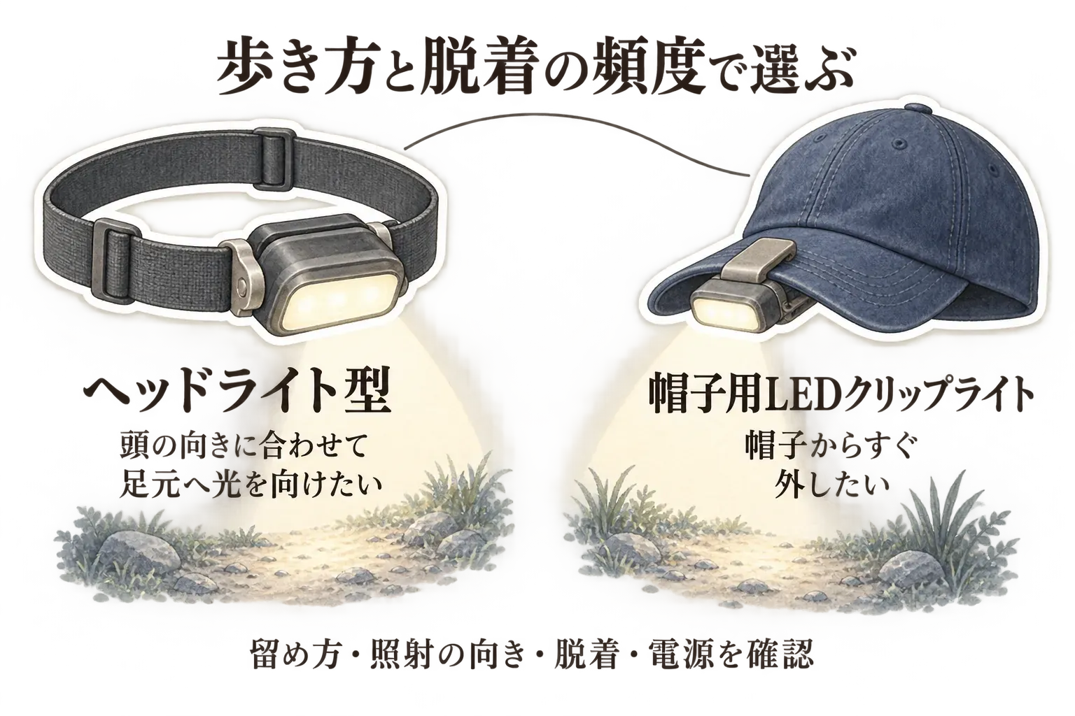 歩き方と脱着の頻度での選び方を示す図。ヘッドライト型は頭の向きに合わせて足元へ光を向けたい人、帽子用LEDクリップライトは帽子からすぐ外したい人に対応し、留め方・照射の向き・脱着・電源を確認する。