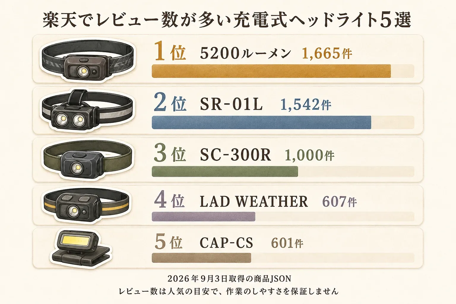 楽天でレビュー数が多い充電式ヘッドライト5選の順位図。1位は5200ルーメンモデル1,665件、2位はSR-01L 1,542件、3位はSC-300R 1,000件、4位はLAD WEATHER 607件、5位はCAP-CS 601件。出典：2026年9月3日取得の商品JSON。レビュー数は人気の目安で、作業のしやすさを保証しない。