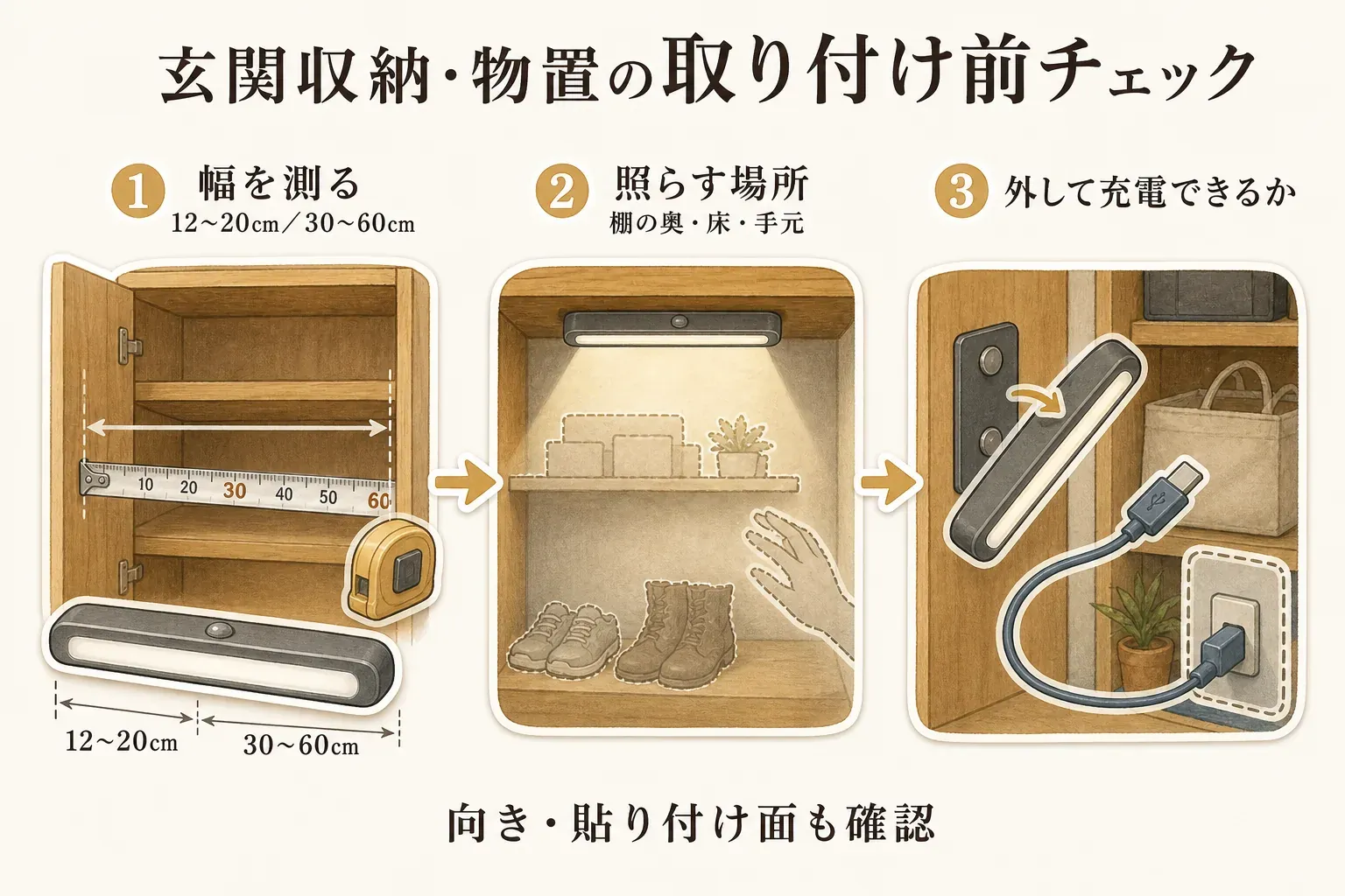 玄関収納・物置へ充電式センサーライトを取り付ける前の確認図。収納の幅を測って12〜20cmまたは30〜60cmの長さを選び、棚の奥・床・手元のどこを照らすか決め、本体を外してUSB充電できるかを確認する。ライトの向きと貼り付け面も確認するよう示している。