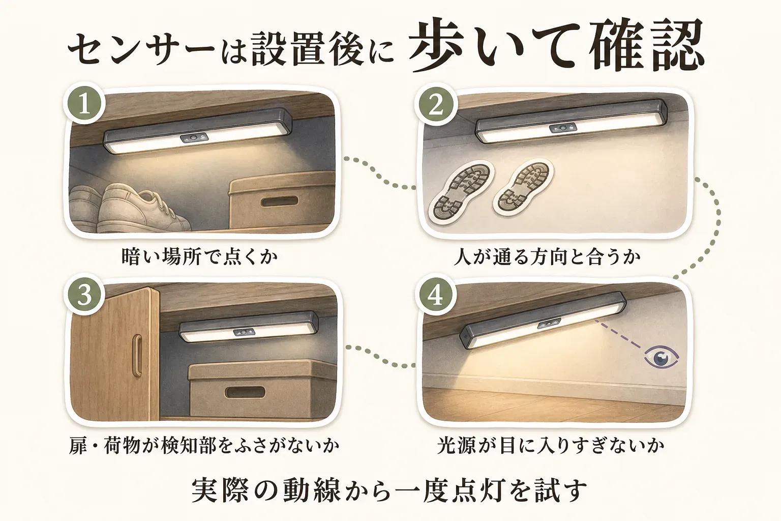 充電式センサーライトを設置後に確認する図。暗い場所で点灯するか、人が通る方向に反応するか、扉や荷物が検知部をふさがないか、光源が目に入りすぎないかを、収納内で実際に歩いて一度点灯を試して確認する手順。
