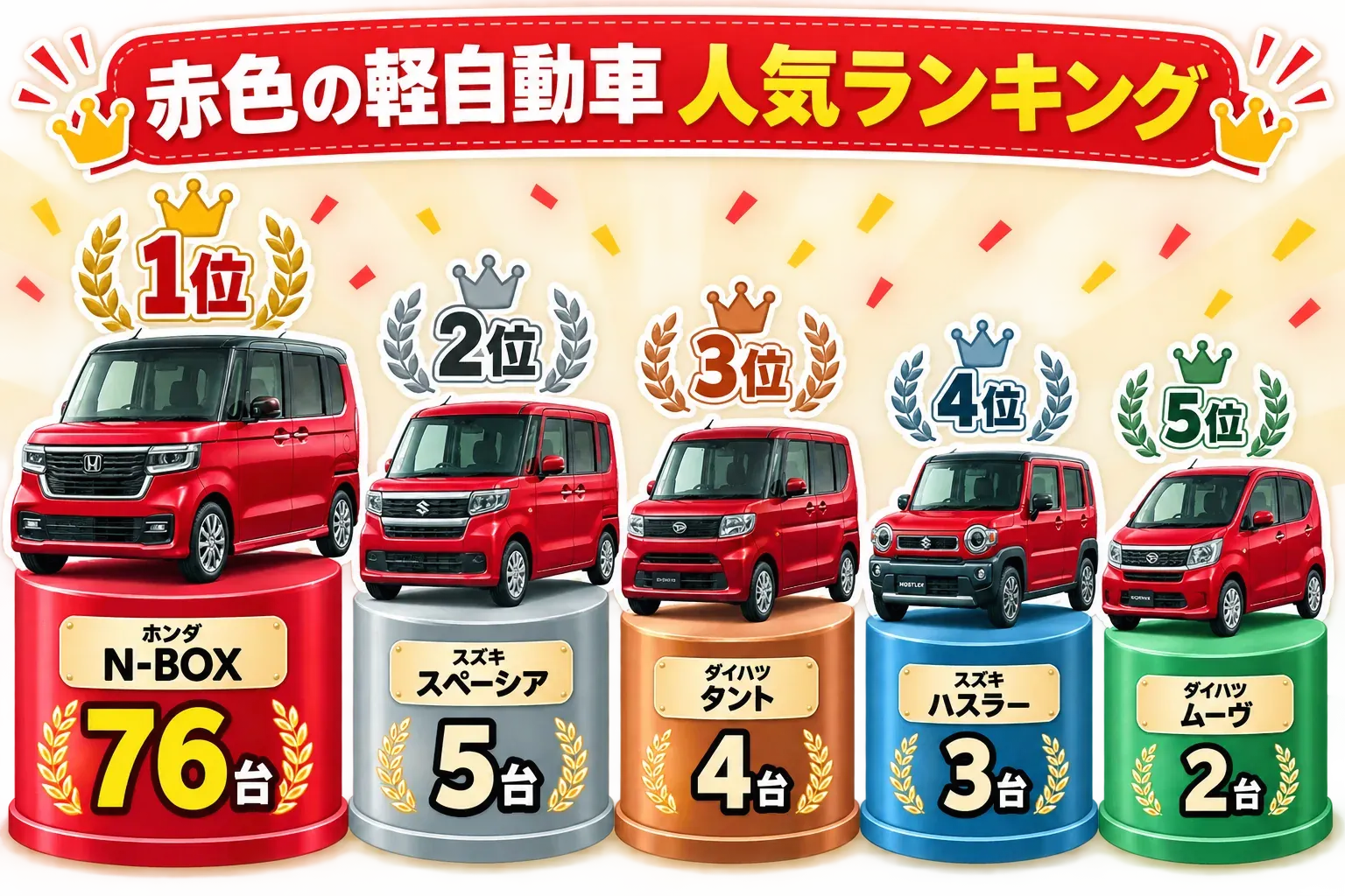 赤色の軽自動車の人気ランキングを示す図。ホンダN-BOXが1位76台、スズキ・スペーシアが2位5台、ダイハツ・タントが3位4台、スズキ・ハスラーが4位3台、ダイハツ・ムーヴが5位2台として描かれている。