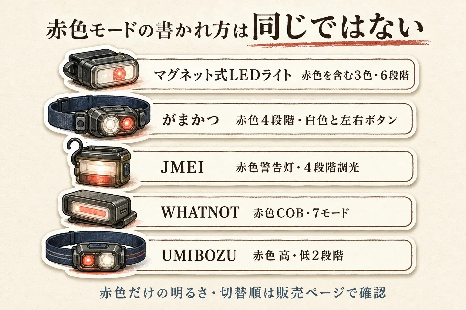 5商品の赤色モードの記載を比較する図。マグネット式LEDライトは赤色を含む3色・6段階、がまかつは赤色4段階で白色と左右ボタン、JMEIは赤色警告灯・4段階調光、WHATNOTは赤色COB・7モード、UMIBOZUは赤色高・低2段階と示し、赤色だけの明るさと切替順は販売ページで確認するよう案内している。
