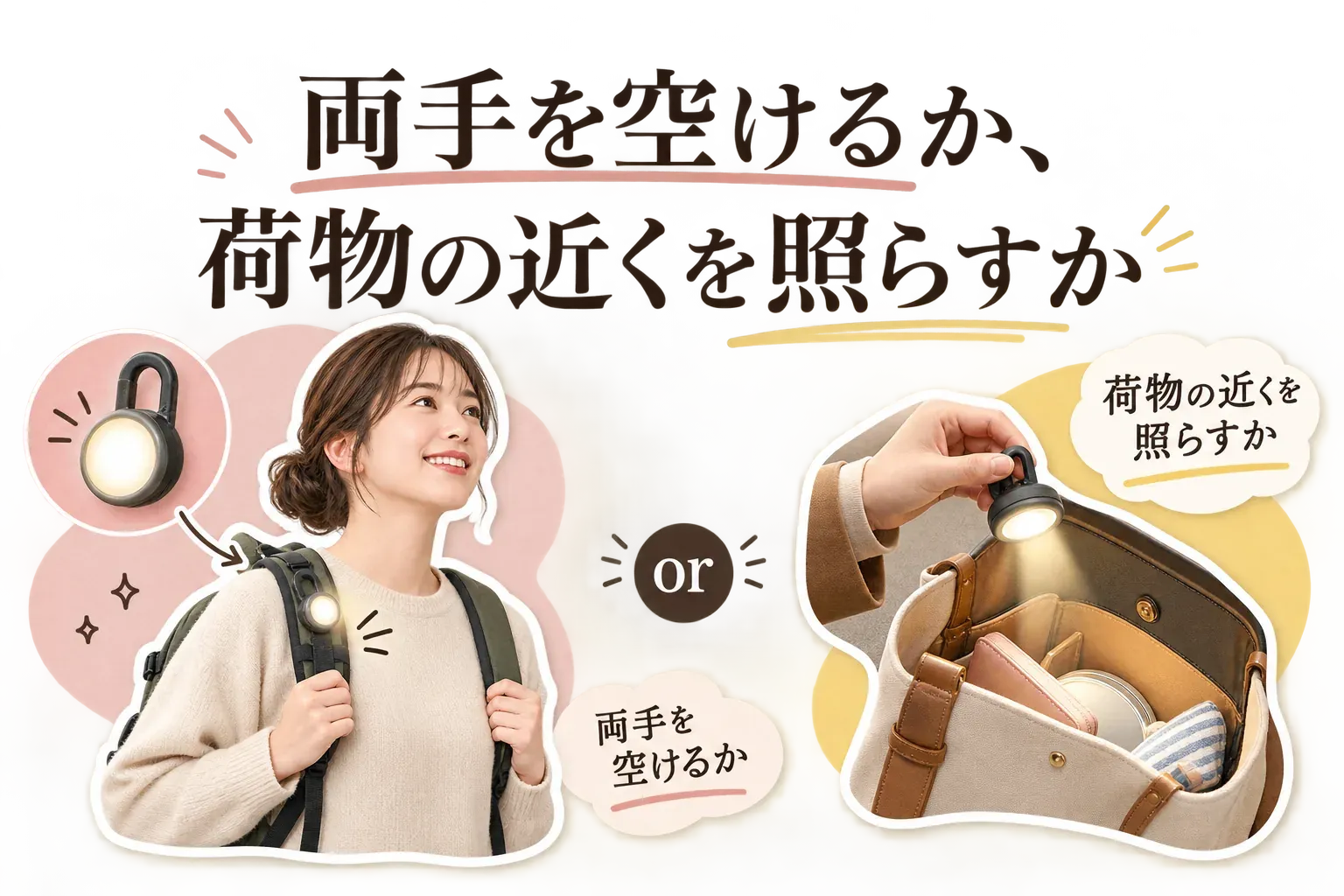 両手を空けるヘッドライトと荷物の近くへ留めるクリップライトを比較する図。ヘッドライトは頭に装着して地図を照らし、頭の向きで光が動く。クリップライトはバッグの内側に留めて荷物を照らす。赤色でも顔や空へ向けず短く使うよう案内している。