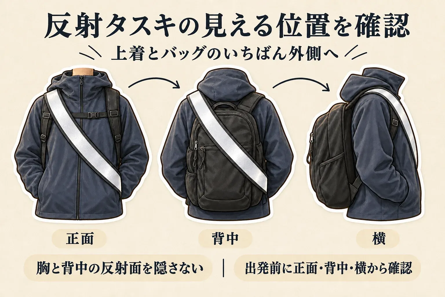 反射タスキを上着とリュックのいちばん外側に着けた正面・背中・横の図。胸と背中の反射面を隠さず、出発前に正面・背中・横から確認することを示している。