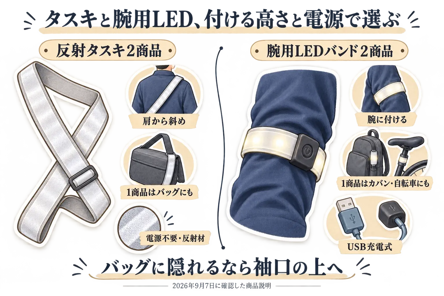2026年9月7日に確認した商品説明に基づく、反射タスキ2商品と腕用LEDバンド2商品の装着位置と電源の図。タスキは肩から斜めに掛けて電源不要の反射材として使い、腕用LEDバンドは腕に付け、商品によりカバンや自転車にも付けてUSB充電で使えることを示している。