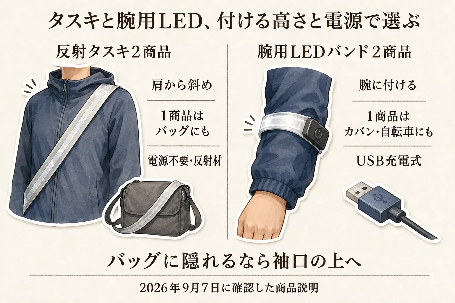 反射タスキと腕用LEDバンドの付ける高さと電源を比較する図。反射タスキは肩から斜めに掛けてバッグにも使え、電源不要の反射材であること、腕用LEDバンドは腕に付け、商品によりカバン・自転車にも装着でき、USB充電式であることを示している。2026年9月7日に確認した商品説明に基づく。