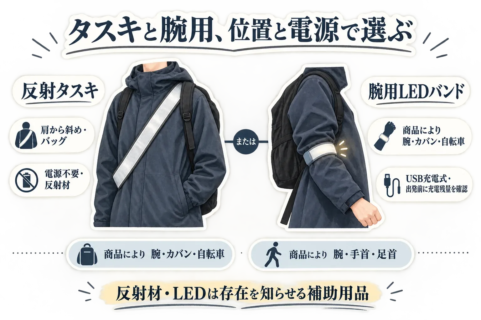反射タスキと腕用LEDバンドの選び方を比較する図。タスキは肩から斜めまたはバッグに付ける電源不要の反射材、腕用LEDバンドは商品により腕・カバン・自転車または腕・手首・足首に付けるUSB充電式で、どちらも存在を知らせる補助用品であることを示している。