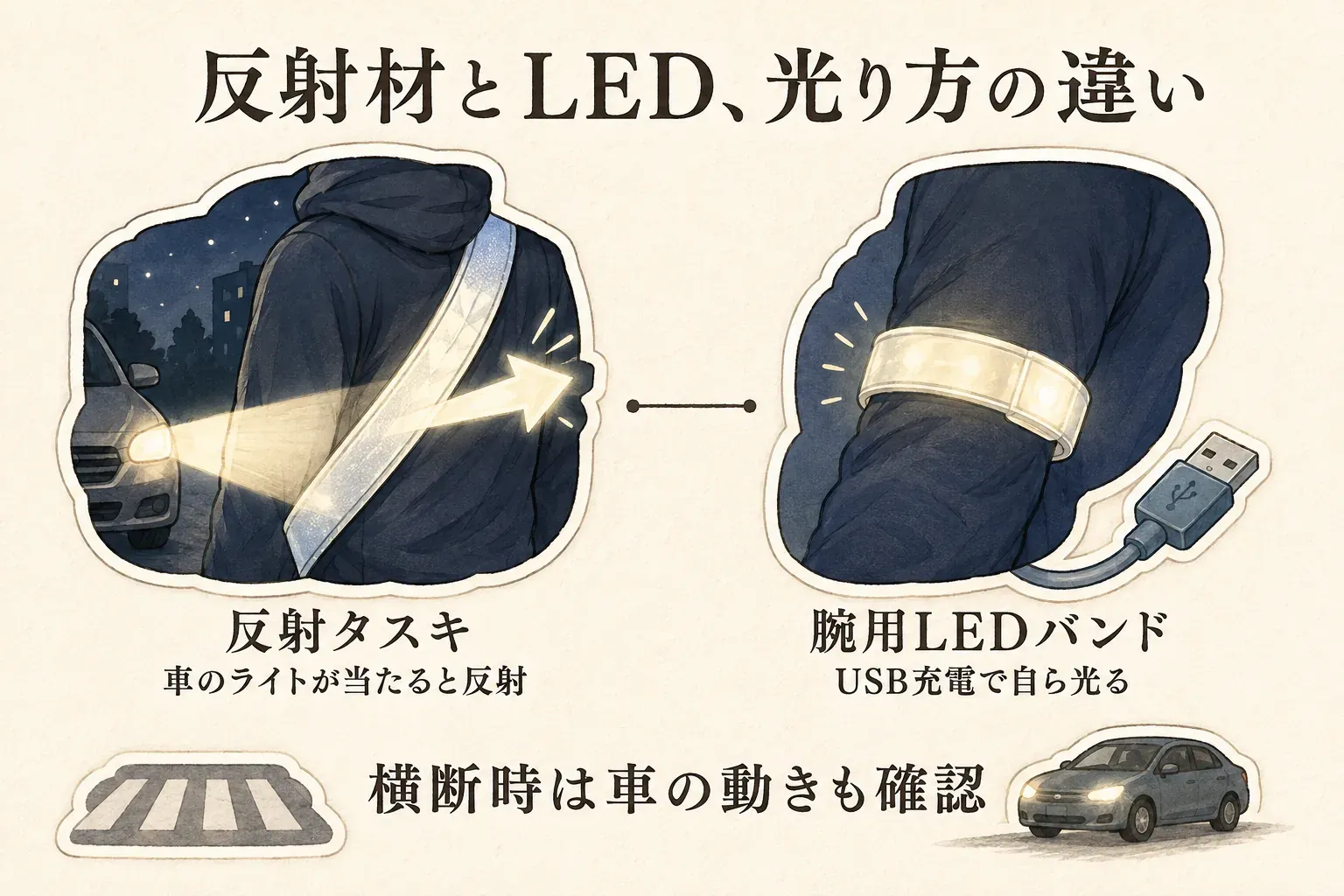 反射タスキと腕用LEDバンドの光り方の違いを示す夜道の図。反射タスキは車のライトが当たると反射し、腕用LEDバンドはUSB充電で自ら光ること、横断時は車の動きも確認することを示している。
