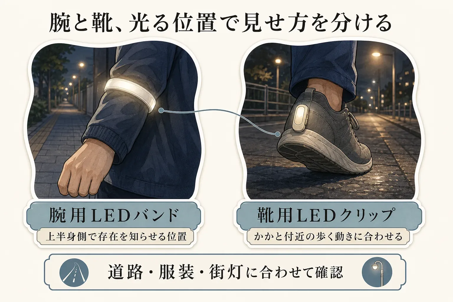 夜間の装着位置を比較する図。腕用LEDバンドは腕に巻いて上半身側で存在を知らせる位置、靴用LEDクリップは靴のかかと付近に付けて歩く動きに合わせる位置として示し、道路・服装・街灯に合わせて確認するよう案内している。