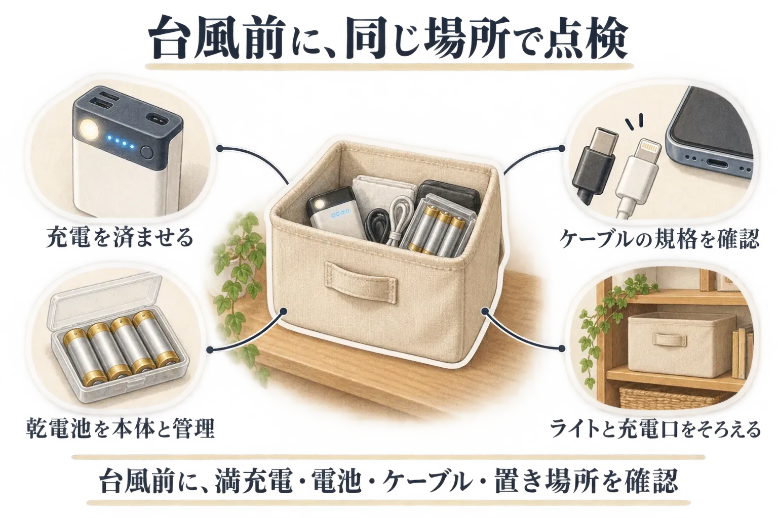 台風前の明かりと電源の点検図。LEDライト付きモバイルバッテリーを満充電にし、USBとUSB Type-Cのケーブル規格を確認し、乾電池を本体と一緒に管理し、モバイルバッテリー・ケーブル・乾電池・ライトを同じ収納場所にそろえる手順を示している。
