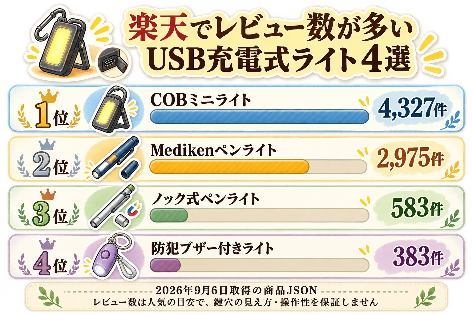 楽天でレビュー数が多いUSB充電式ライト4選の順位図。2026年9月6日取得の商品JSONを基に、1位COBミニライト4,327件、2位Medikenペンライト2,975件、3位ノック式ペンライト583件、4位防犯ブザー付きライト383件のレビュー数を棒グラフで示し、レビュー数は鍵穴の見え方・操作性を保証しないと注記している。