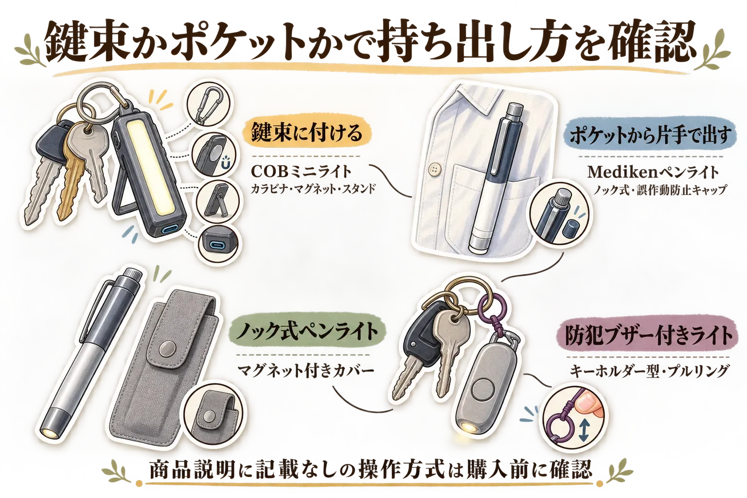 USB充電式キーホルダーライトとペンライトの持ち出し方・操作確認の図。COBミニライトは鍵束に付けてカラビナ・マグネット・スタンドを確認し、Medikenペンライトはポケットから片手で出してノックボタン・ポケットクリップ・誤作動防止キャップを確認する。ノック式ペンライトはノックボタンとマグネット付きカバー、防犯ブザー付きライトはキーホルダー型・LEDライト・プルリングを示し、商品説明に記載のない操作方式は購入前に確認するよう案内している。