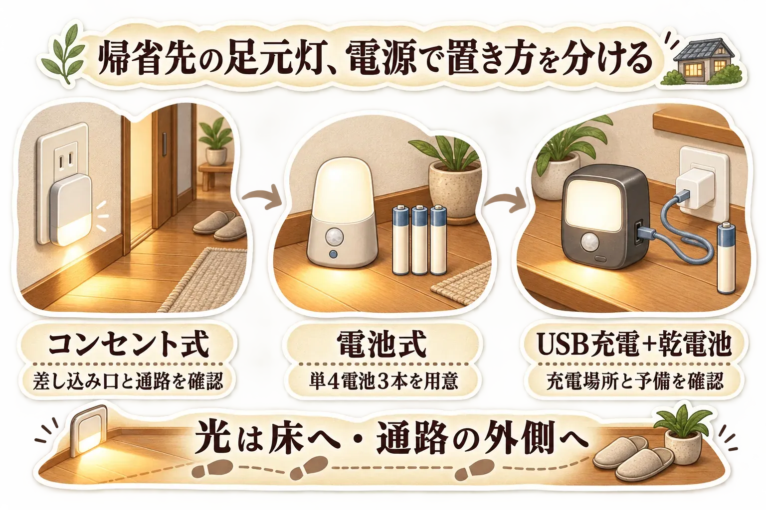 帰省先の足元灯を電源別に置く考え方を示す図。コンセント式は差し込み口と通路を確認し、電池式は単四電池3本を用意し、USB充電・乾電池併用式は充電場所と予備電池を確認する。光は床へ向けて通路の外側に置くことを示している。