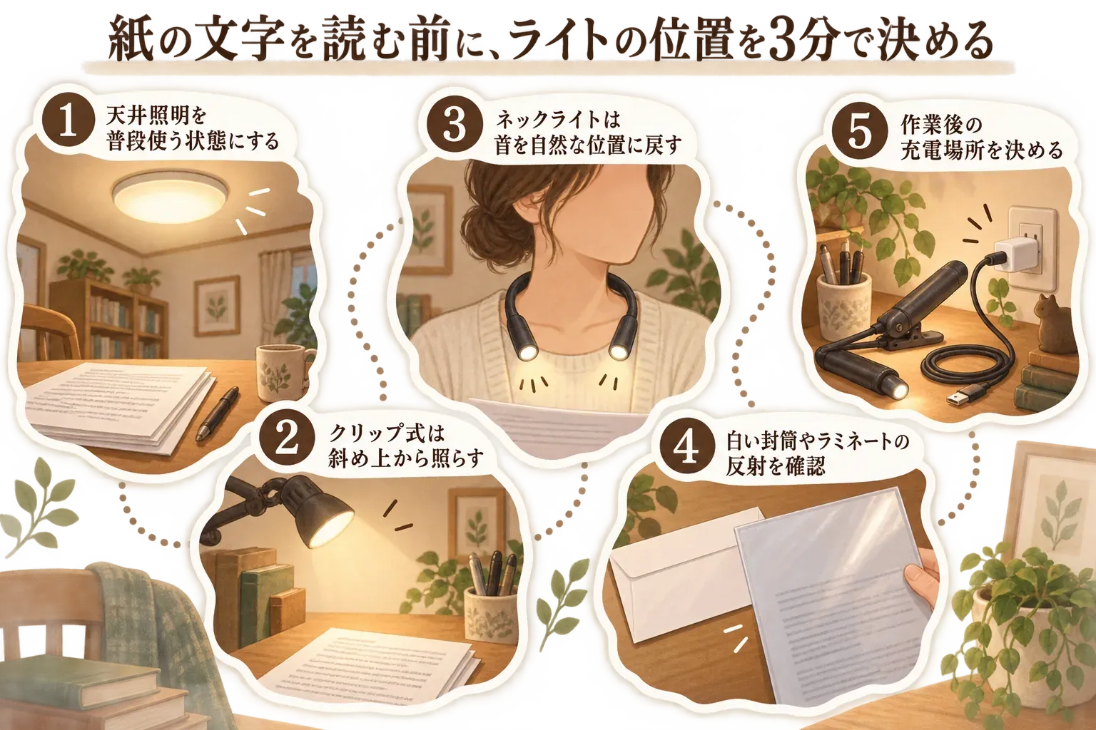 紙の文字を読む前にライトの位置を決める5つの確認手順を示す図。普段の天井照明にし、クリップライトを斜め上から当て、ネックライトは首を自然な位置に戻し、白い封筒やラミネート書類の反射を確認して、作業後の充電場所を決める流れを描いている。